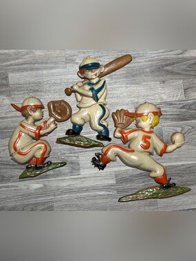 Vintage 1970 SEXTON 3PC Metal Children Baseball Players Wall Decor Collectable